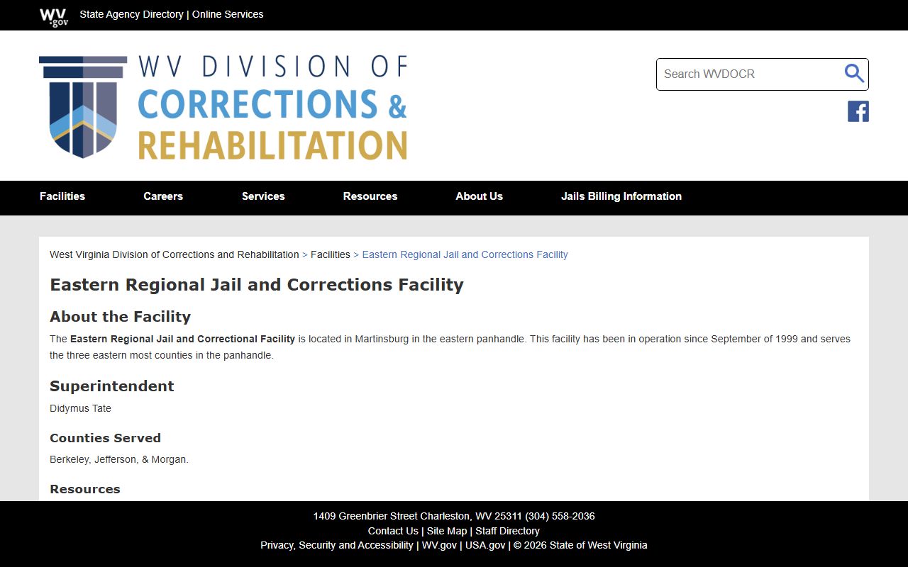 Jefferson County inmate population Eastern Regional Jail facility page