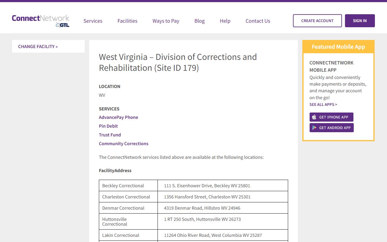 Eastern Regional Jail money deposits ConnectNetwork WV DCR services