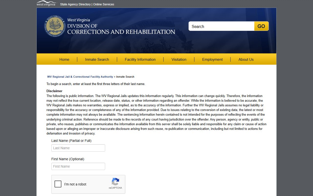 Jefferson County inmate search WV regional jail offender search fields